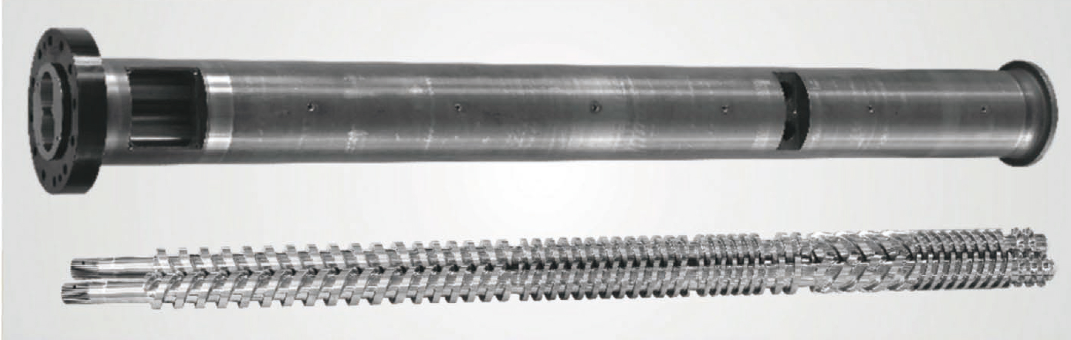 Parallel twin screw barrel for PVC pipe and profile